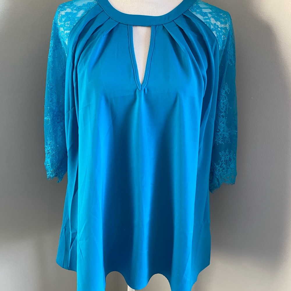 City Chic | Lace Sleeve Top Blue Keyhole Neck Size Small / 16